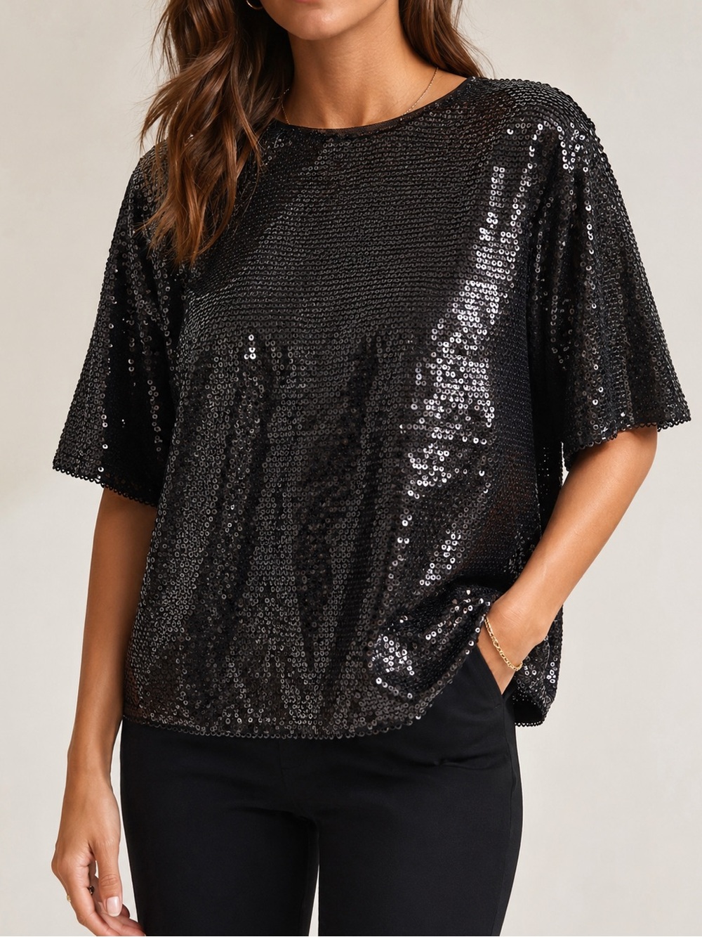 Ultra Pink Sequins Top Blouse Black Sz. L
